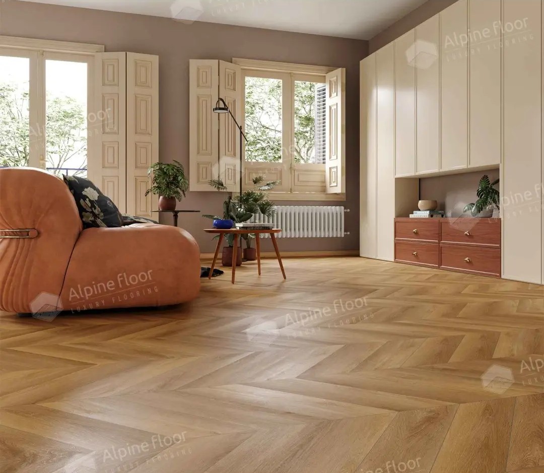 Кварцвиниловый SPC ламинат Alpine Floor Chevron Alpine Баварский лес ECO 18-18 французская елка 600×127×5 фото в интерьере